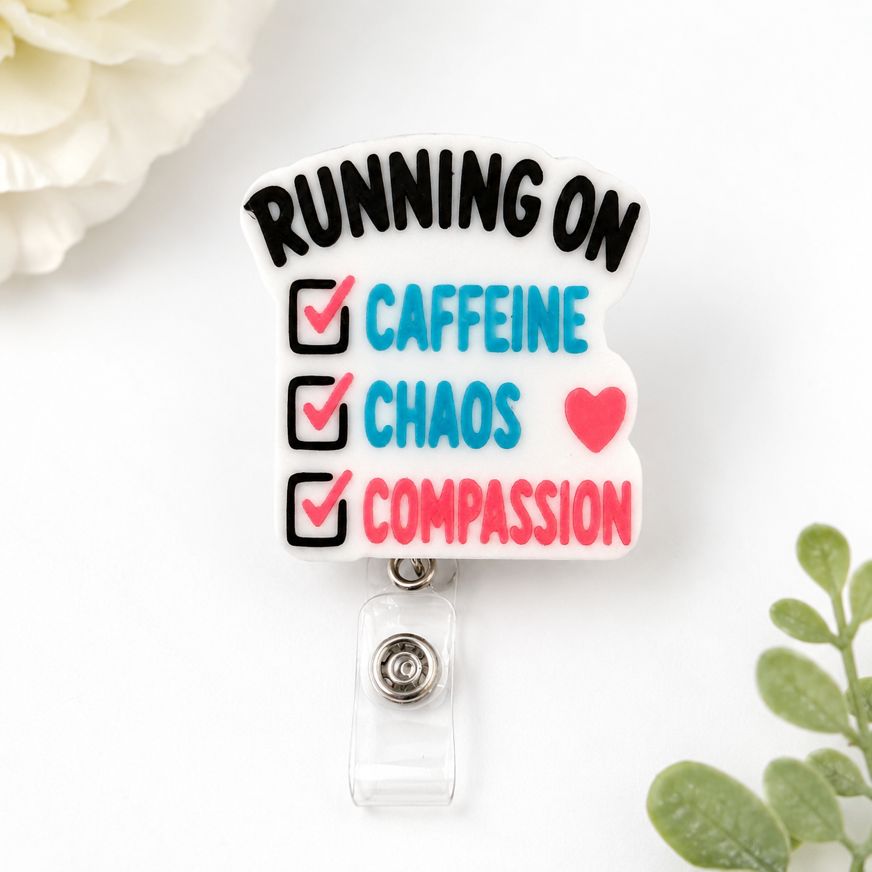 Running on Caffeine Chaos Compassion Badge Reel | Nurse Badge Reel | CNA Badge Holder | Healthcare Worker Badge Clip | Cute Medical ID Reel