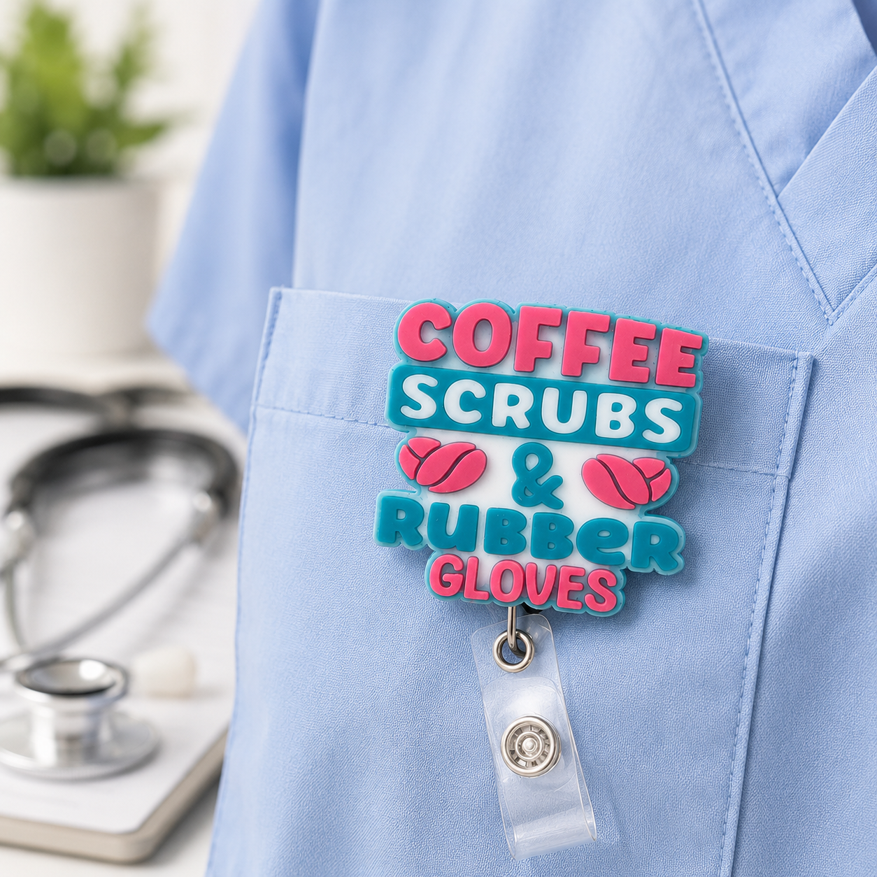 Coffee Scrubs & Rubber Gloves Badge Reel | Nurse Badge Holder | Healthcare Worker ID Reel | Medical Assistant Gift | CNA RN Scrub Badge Clip