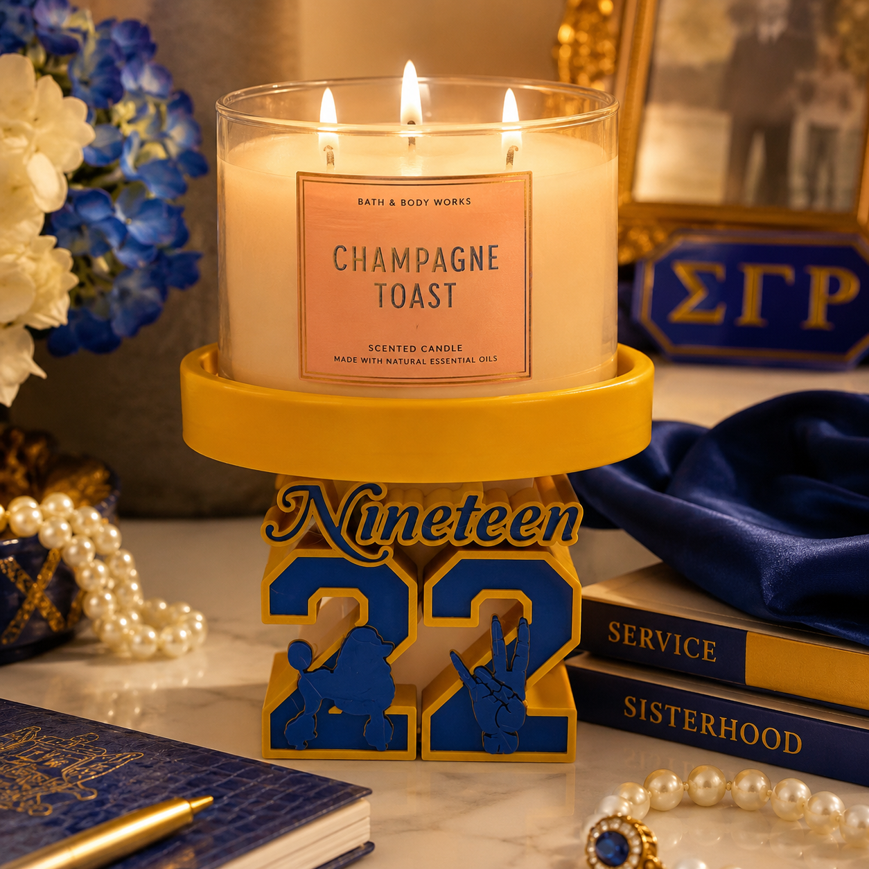 Sigma Gamma Rho Candle Holder | SGRho 1922 3-Wick Candle Stand | Blue & Gold Sorority Gift | Fits Bath & Body Works 3-Wick Candle