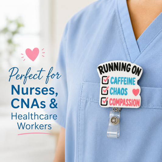 Running on Caffeine Chaos Compassion Badge Reel | Nurse Badge Reel | CNA Badge Holder | Healthcare Worker Badge Clip | Cute Medical ID Reel