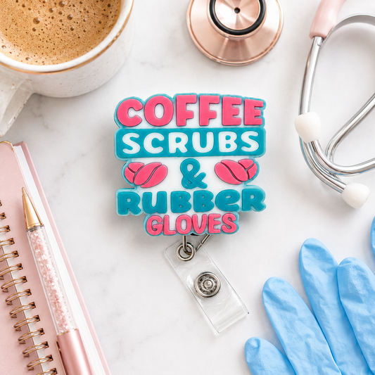 Coffee Scrubs & Rubber Gloves Badge Reel | Nurse Badge Holder | Healthcare Worker ID Reel | Medical Assistant Gift | CNA RN Scrub Badge Clip