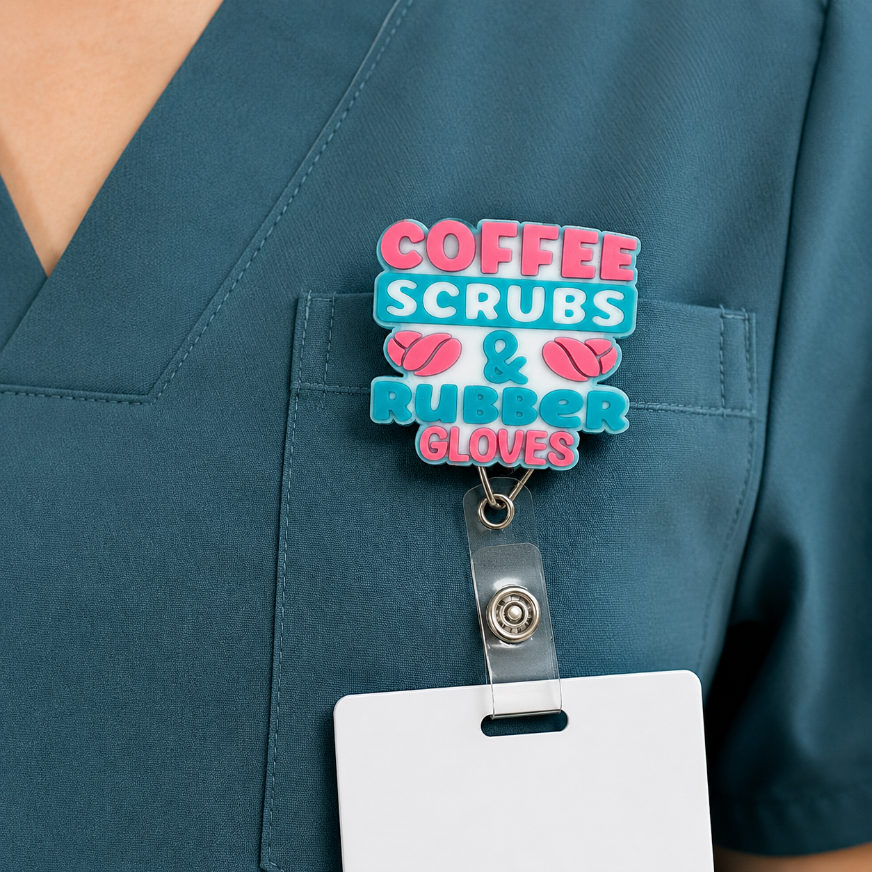 Coffee Scrubs & Rubber Gloves Badge Reel | Nurse Badge Holder | Healthcare Worker ID Reel | Medical Assistant Gift | CNA RN Scrub Badge Clip