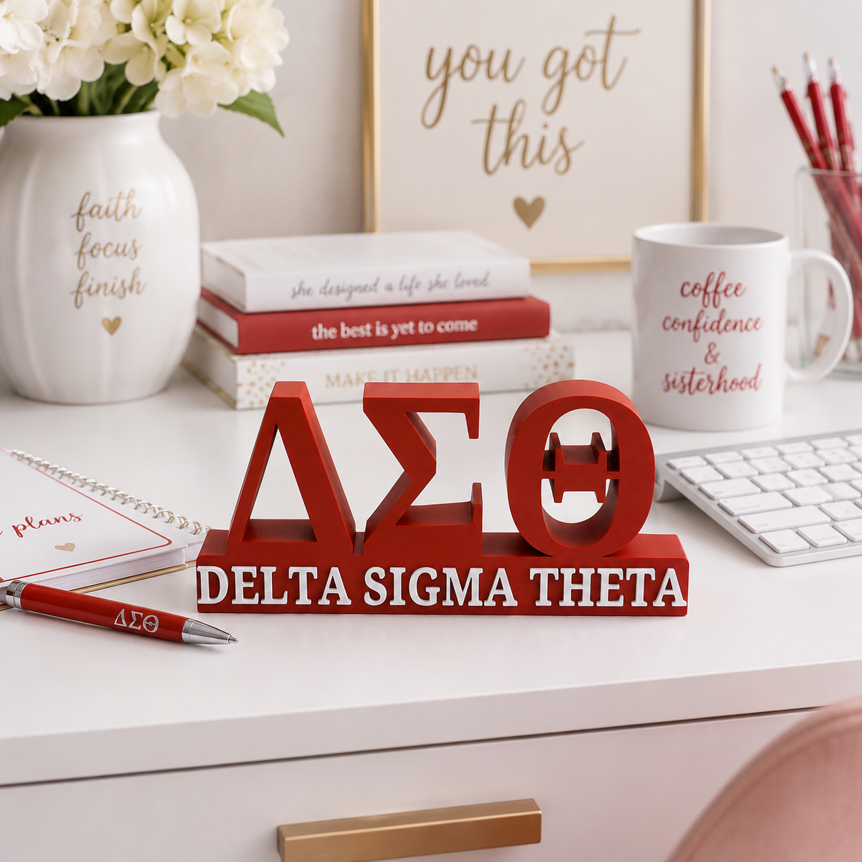 Delta Sigma Theta Desk Stand | Red & White Sorority Desk Decor | DST Office Decor | 3D Printed Desktop Display Gift