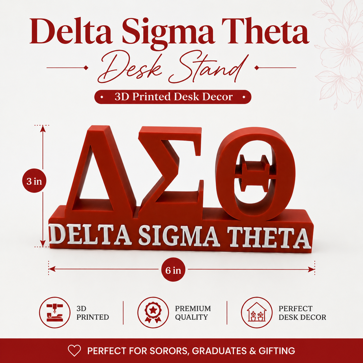 Delta Sigma Theta Desk Stand | Red & White Sorority Desk Decor | DST Office Decor | 3D Printed Desktop Display Gift