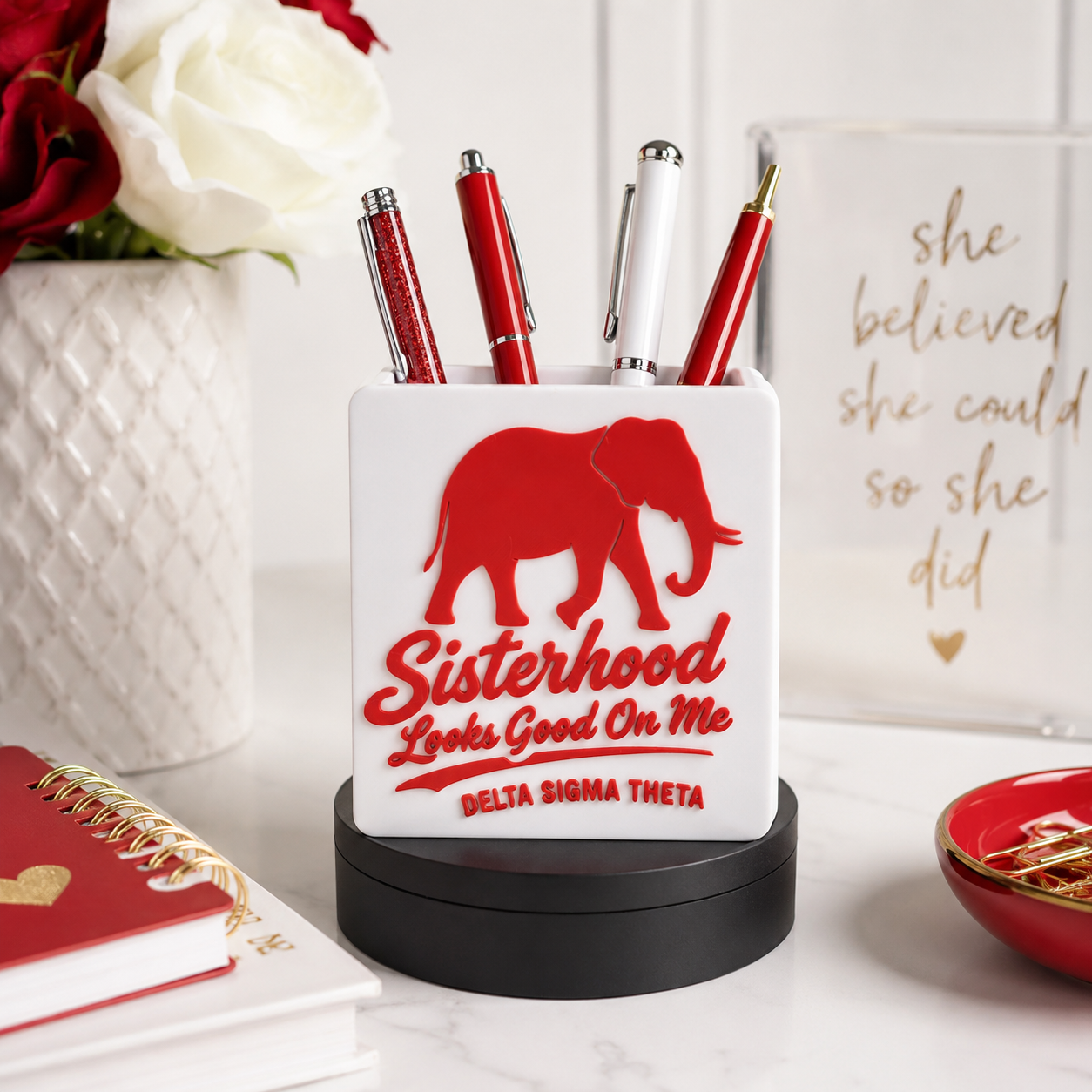 Delta Sigma Theta Pen Pencil Holder | DST Desk Organizer | Sisterhood Looks Good On Me | Elephant Desk Decor | Sorority Gift