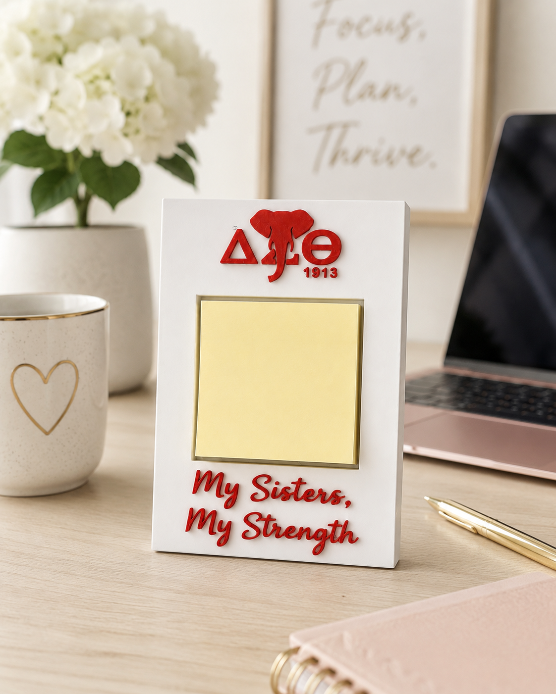 Delta Sigma Theta Inspired Sticky Note Holder | 3D Printed Desk Accessory | DST Office Décor | My Sisters My Strength Note Pad Holder