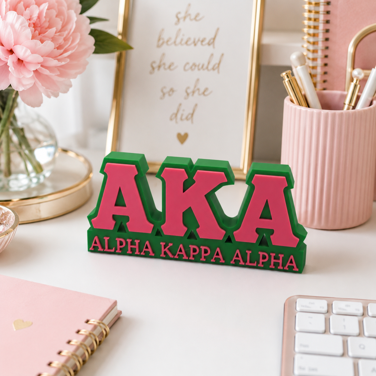 Alpha Kappa Alpha Desk Stand | AKA Sorority Desk Decor | Pink and Green Office Shelf Decor | Soror Gift | 6 in x 3 in