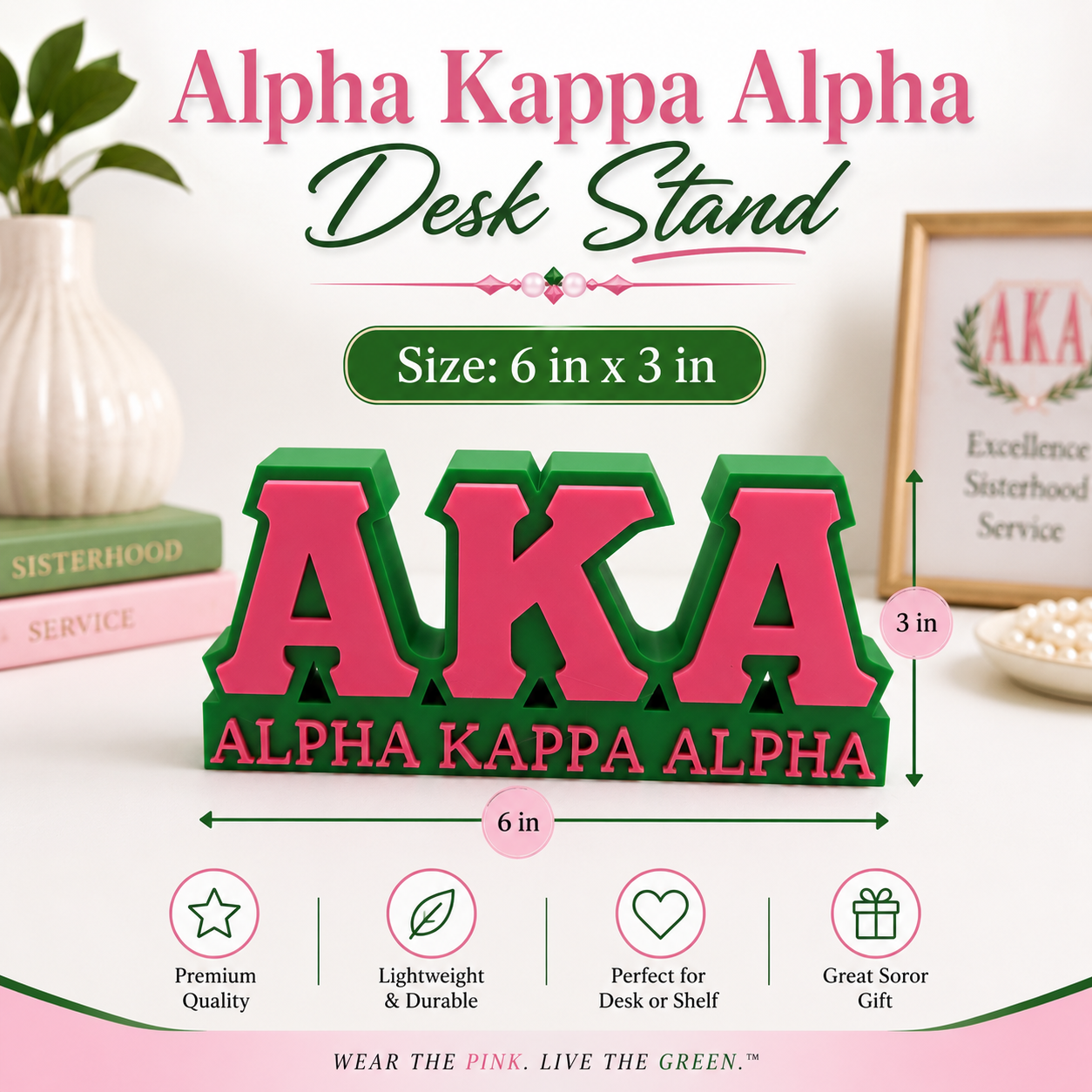 Alpha Kappa Alpha Desk Stand | AKA Sorority Desk Decor | Pink and Green Office Shelf Decor | Soror Gift | 6 in x 3 in